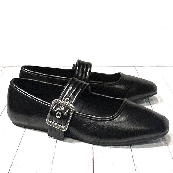 New Womens Black Square Toe Mary Jane Ballet Flats - Picture 1 of 4